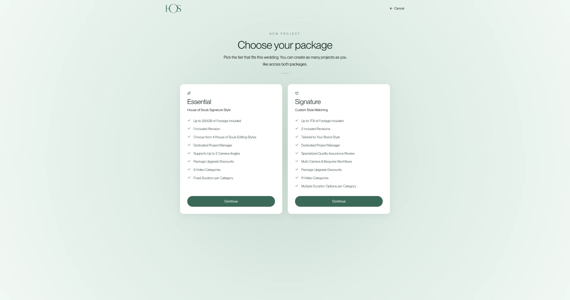 Choose your package in the filmmaker portal